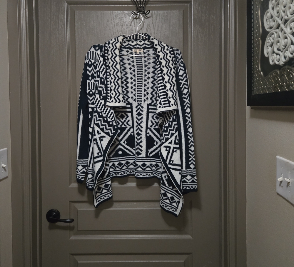 Black and White Geometric Cardigan with Waterfall Hem